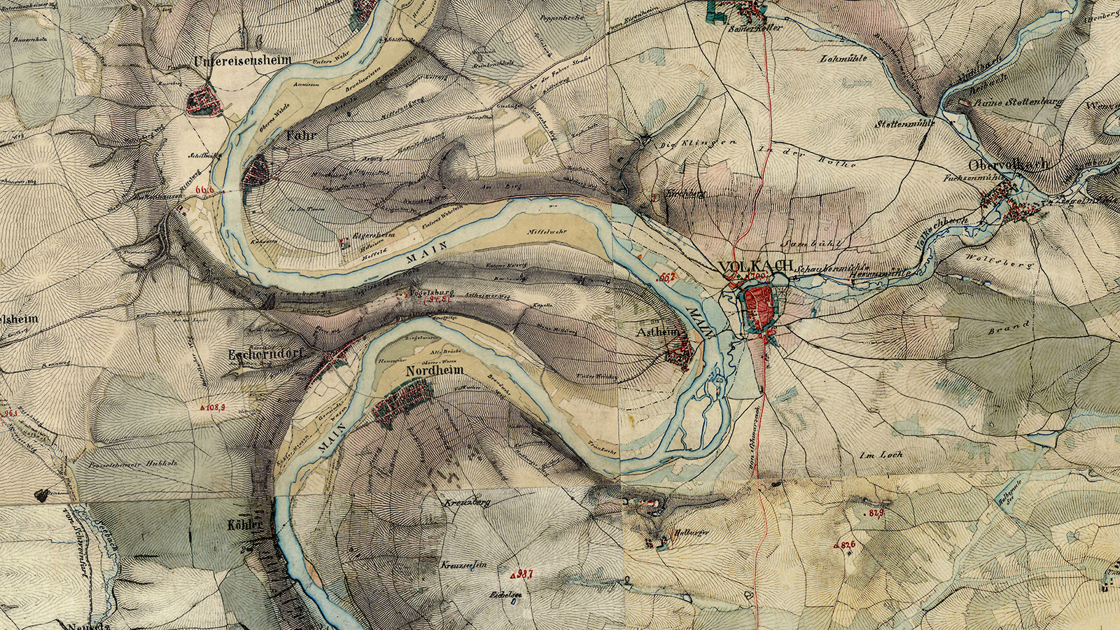 Das Positionsblatt  zeigt das Gelände rund um Volkach. Es ist zusammengesetzt aus 4 Handzeichnungen aus dem Jahre 1850.